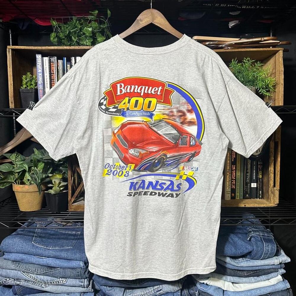 Vintage Y2K 2003 NASCAR Racing Tee Mens XL Grey Double Sided 2000s Graphic Shirt